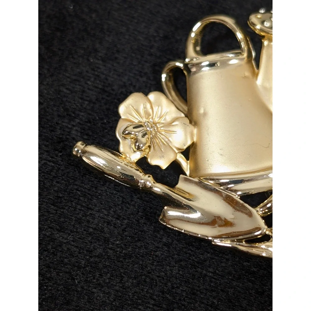 Vintage AJC Gold Tone Garden‎ Watering Can Tools Flowers Brooch Pin Signed
